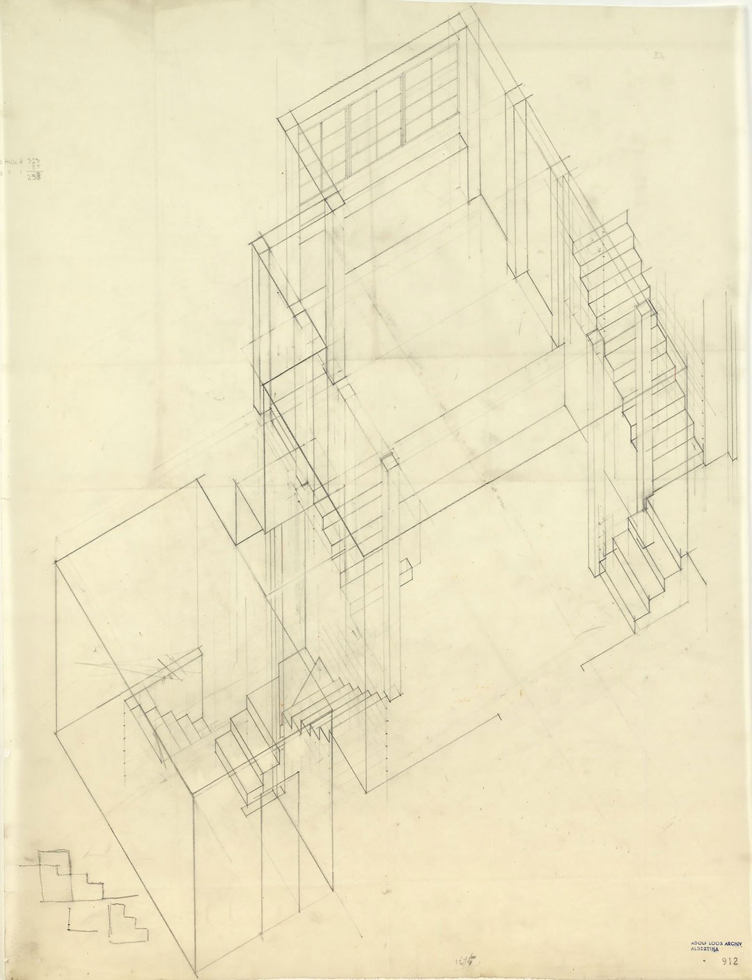 <BODY><div>Adolf Loos, House for Hans and Anny Moller, Vienna’s 18th district, Starkfriedgasse 19, axonometric view of the stairways, 1927 </div><div>Tracing paper, pencil </div><div>© ALBERTINA, Vienna</div><div> </div></BODY>
