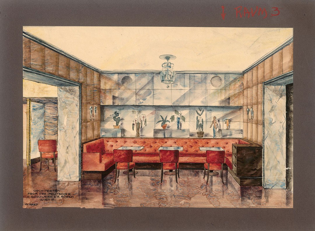 <BODY>Otto Prutscher, Interior elevation for the Café-Restaurant Hotel Imperial, Vienna’s 1st district (jointly with Anton Schuwerk and August Röben), 1937<br />Cardboard, tracing paper, watercolor paint, india ink, colored pencil, pencil<br />© MAK</BODY>