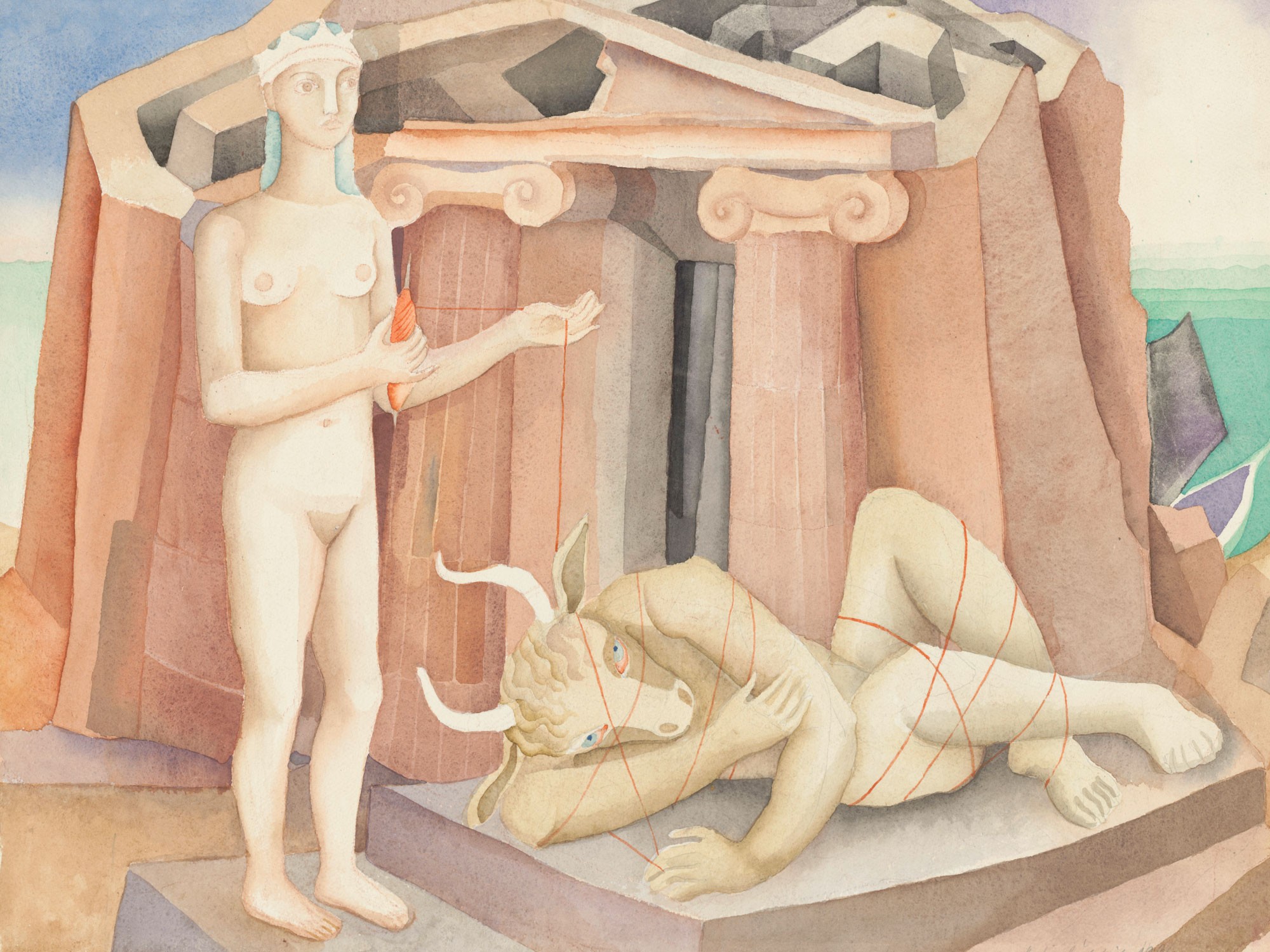 A Minotaur lies on the ground, next to him stands a woman