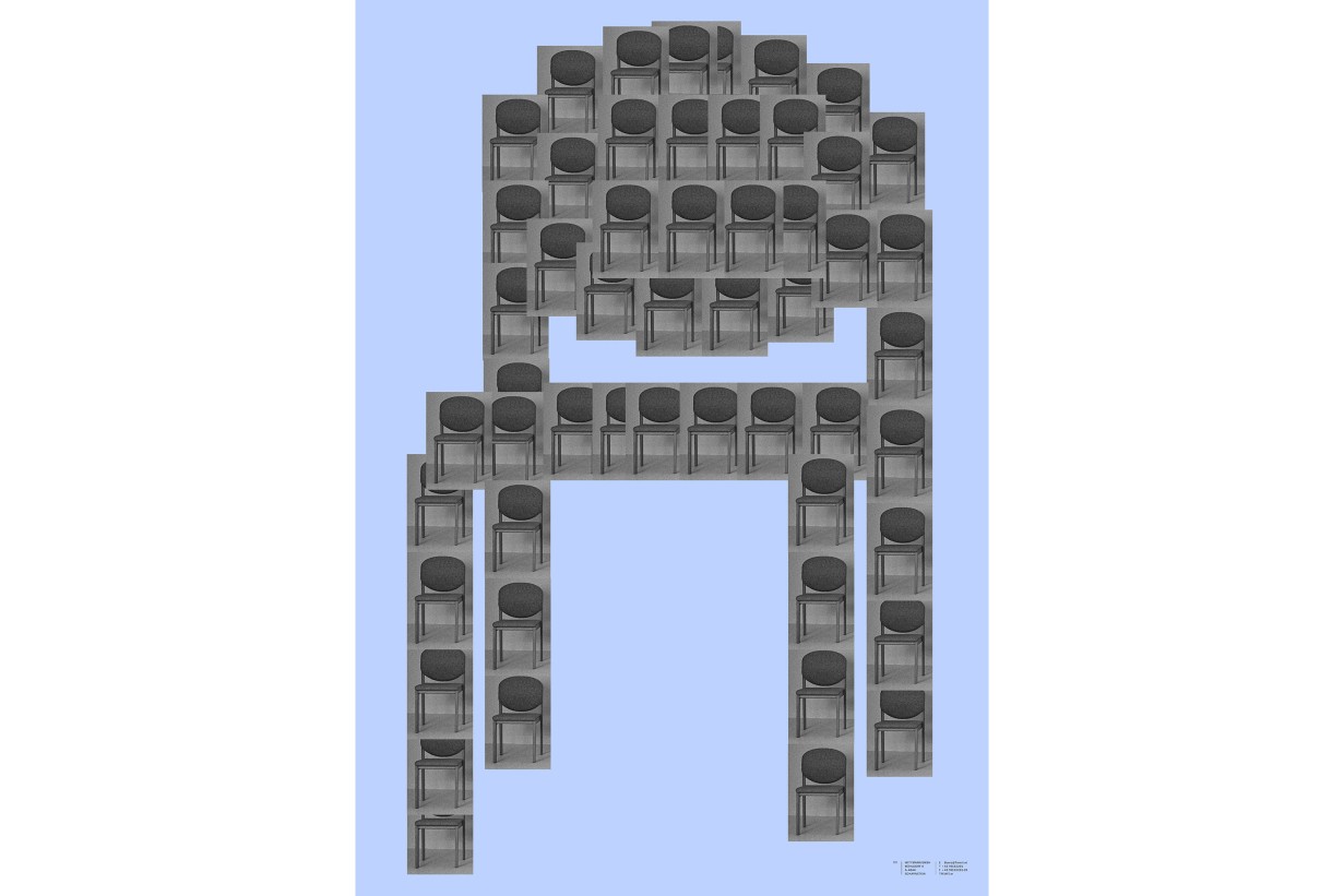 Poster showing a chair made of chairs on a blue background