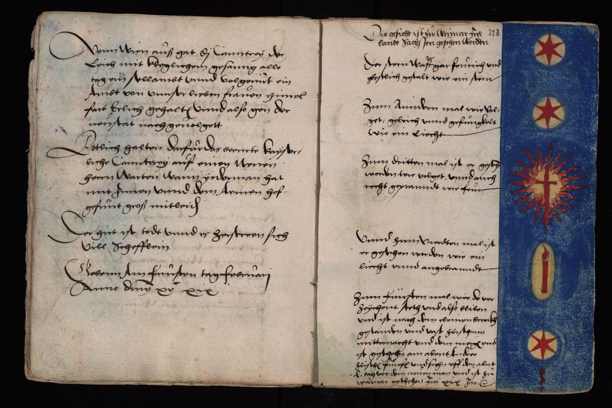 Aufgeschlagenes Buch mit Reisebericht in Handschrift