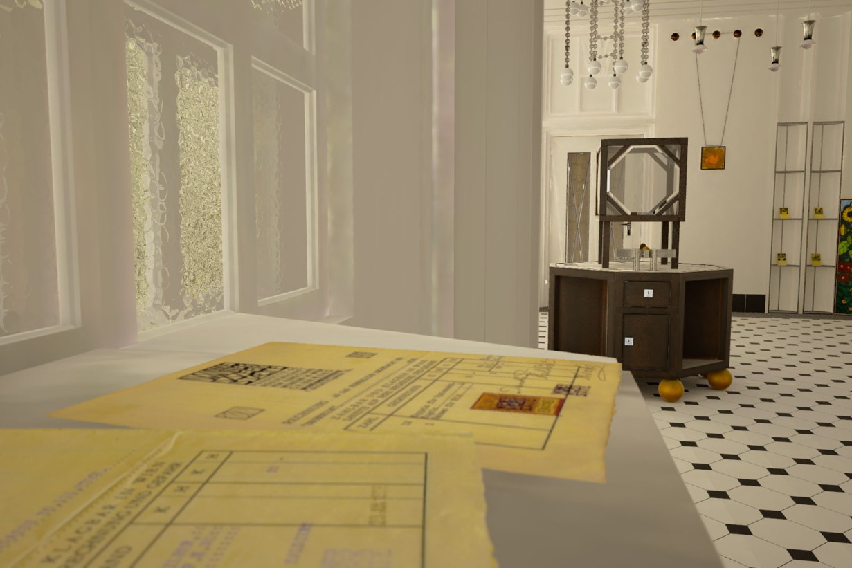 Virtual Reality Visualisierung des Verkaufsraumes der Wiener Werkstätte, weiße Flügeltüren, schwarz-weißer gefliester Boden. 