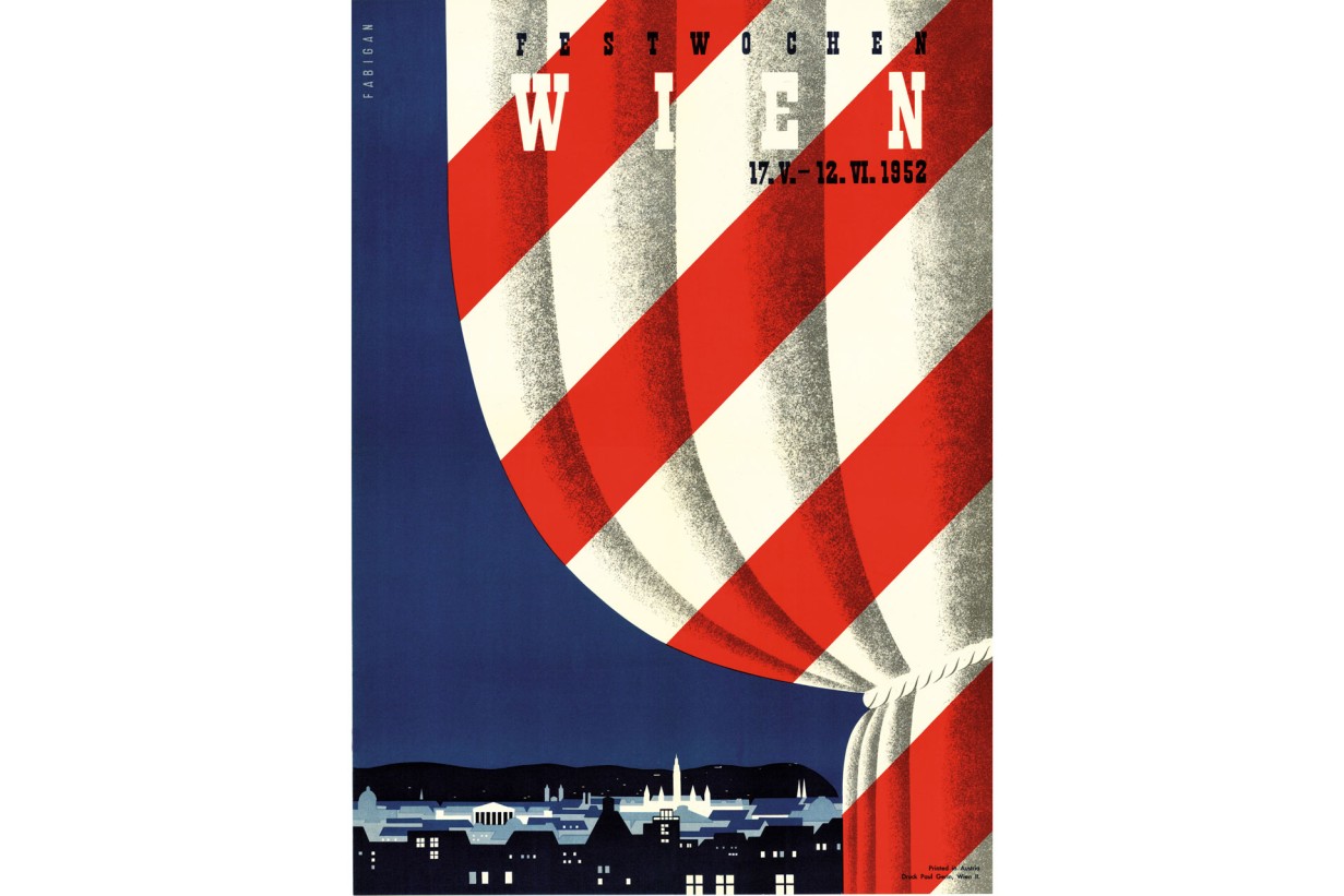 A red-white-red curtain against a blue city-sky
