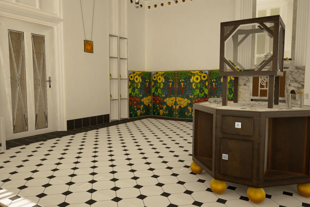 Virtual Reality Visualisierung des Verkaufsraumes der Wiener Werkstätte, weiße Flügeltüren, schwarz-weißer gefliester Boden.