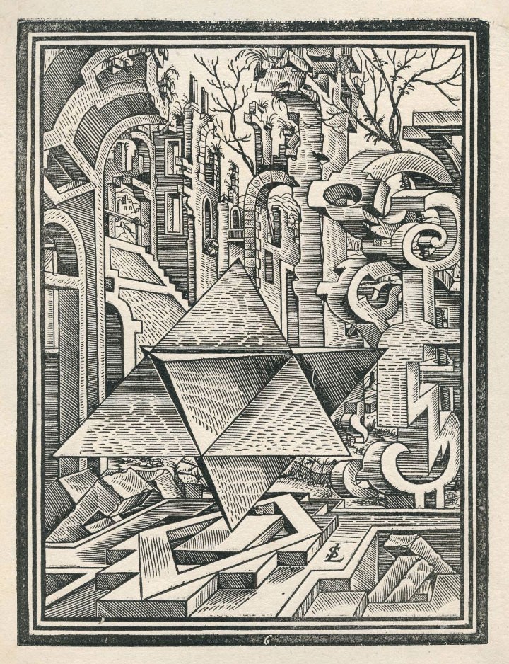 <BODY><div>Geometrische Körper in einer Ruinenlandschaft, Blatt 6 aus der Folge „Geometria et Perspectiva.“, Vorlagen für Intarsien u. ä.</div><div>Entwurf: Lorenz Stör, Augsburg, 1567</div><div>Holzschnitt</div><div>Höhe: 23.4 cm, Breite: 17.9 cm</div><div>KI 1-213-8</div><div> </div></BODY>