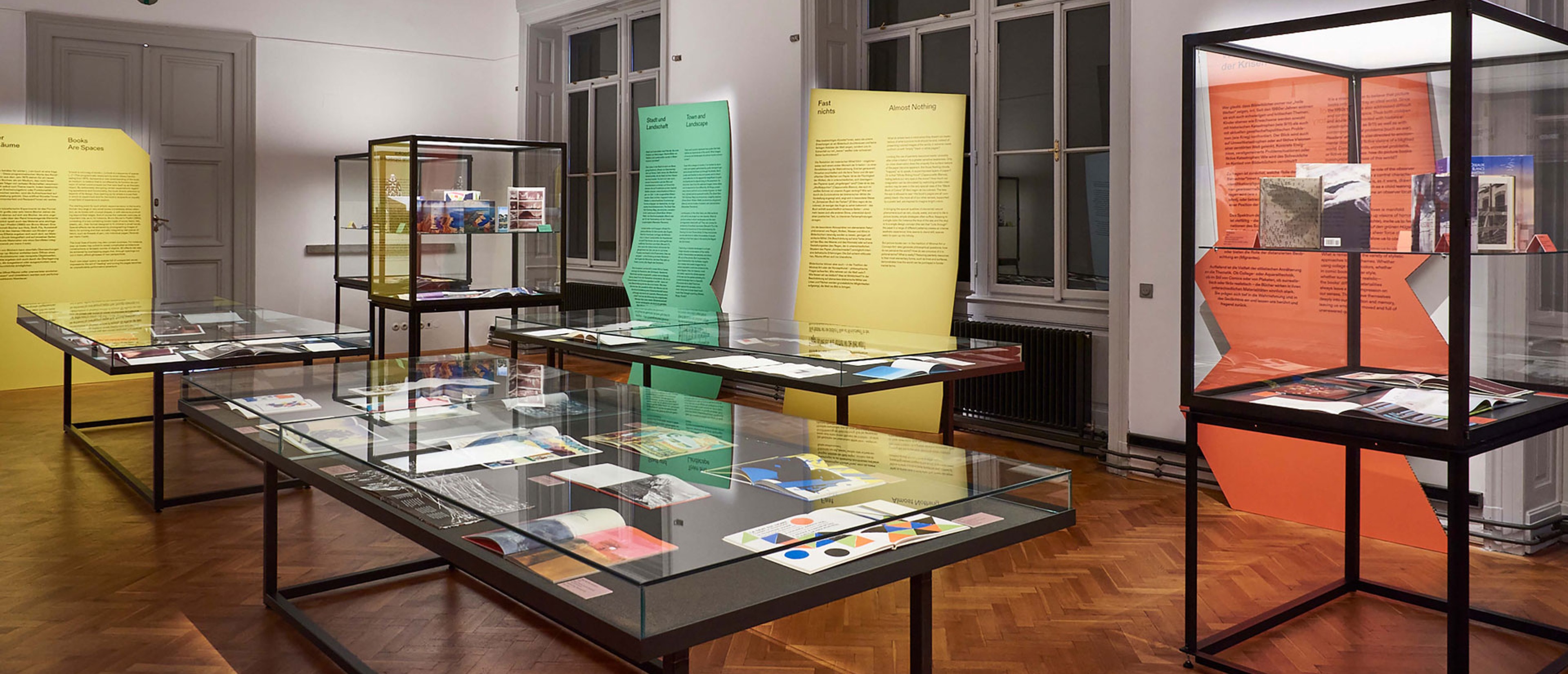 Exhibition room with books in a showcase