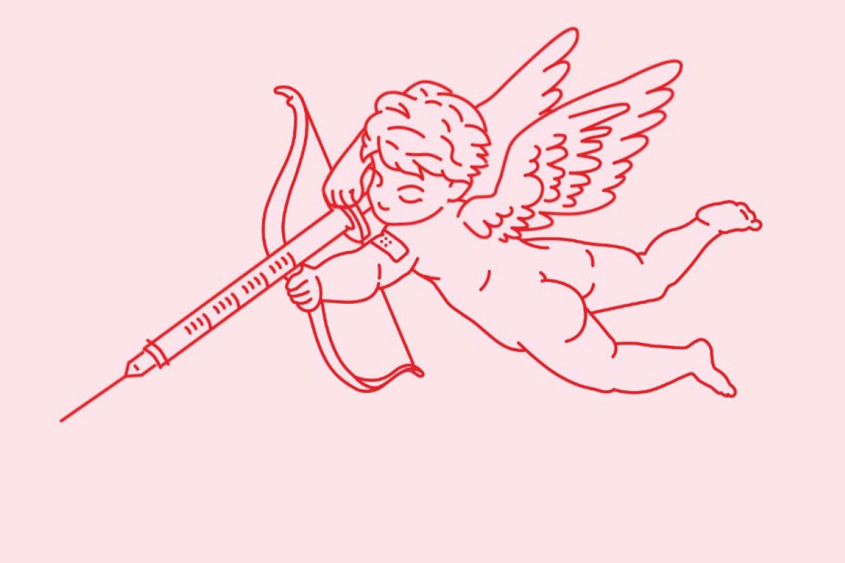 Zeichnung eines Engels/Amors mit Spritze als Pfeil