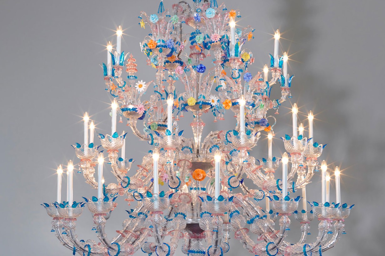 Chandelier with white, pink, light blue