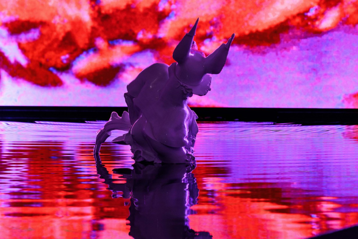 Water surface with a sculpture