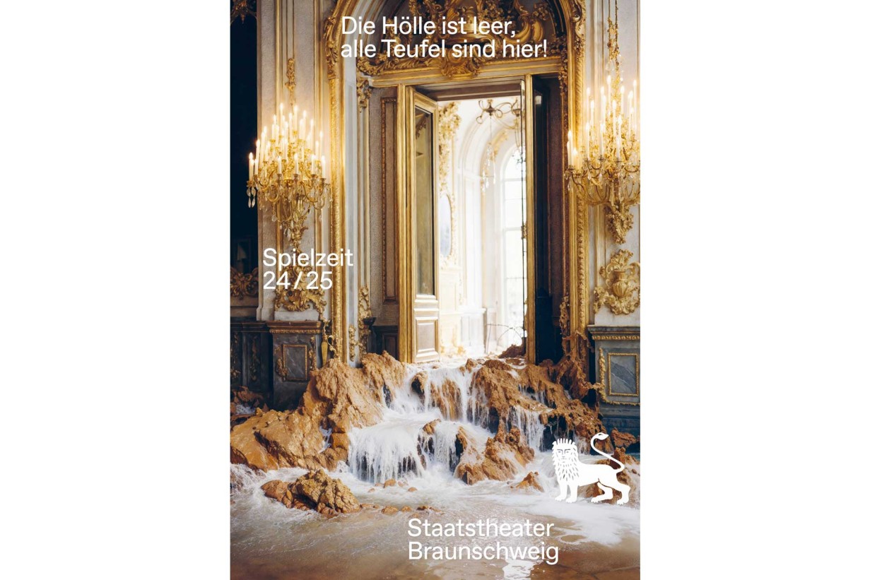 Poster with photo of an imperial banquet hall and mountain landscape in the room