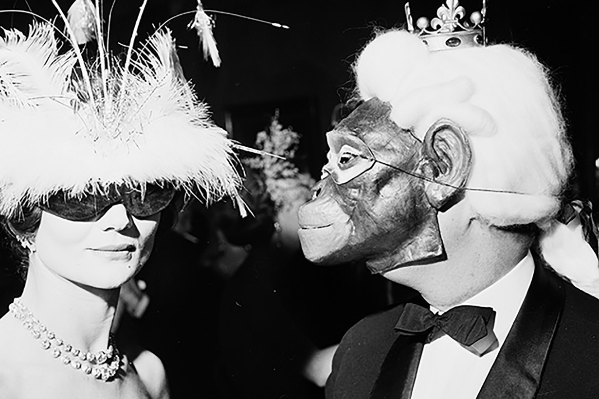 Two people dressed up, one wears a hat with feathers and a mask, one wears a monkey mask. 