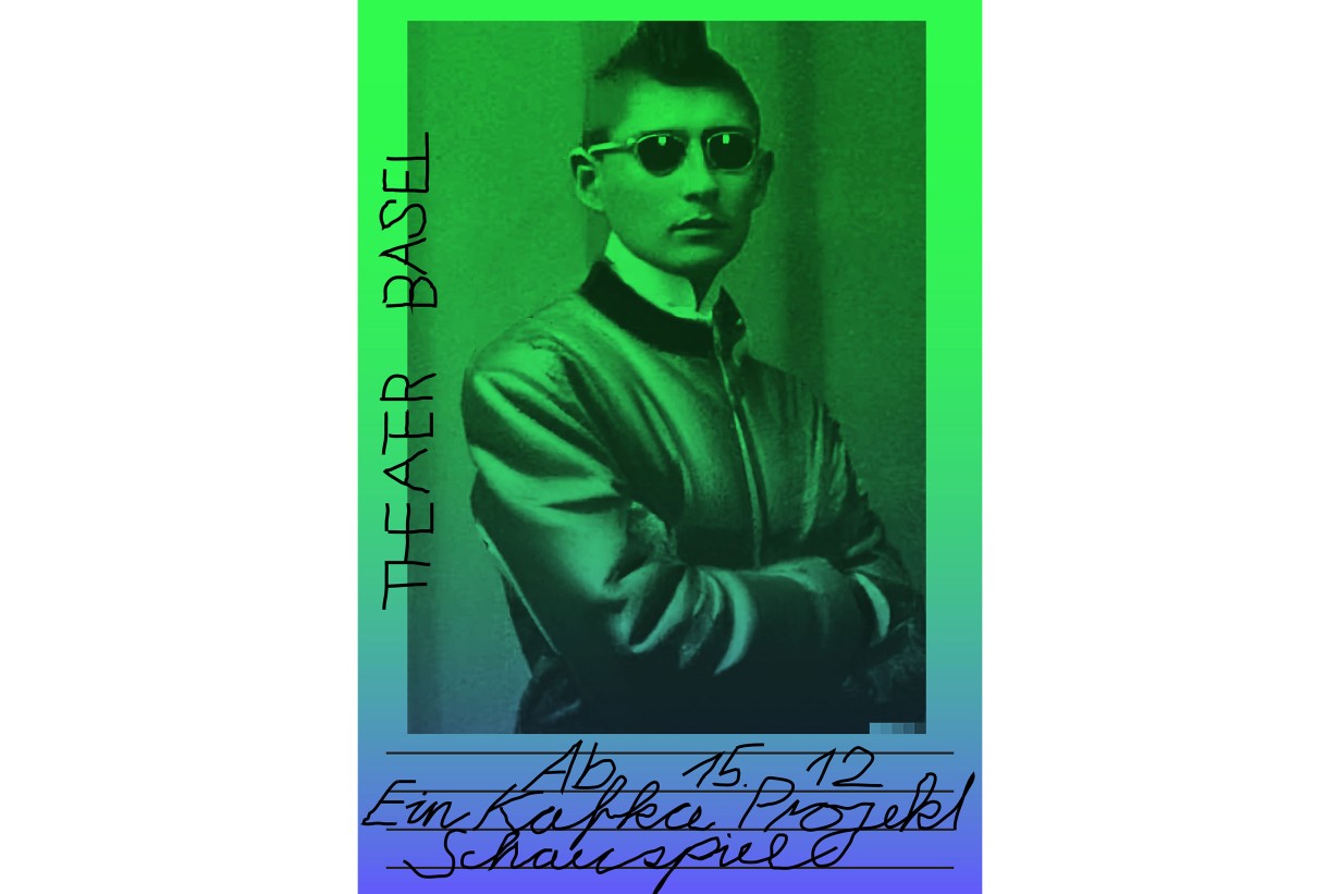 Poster with blue-green color gradient, showing a man in a leather jacket