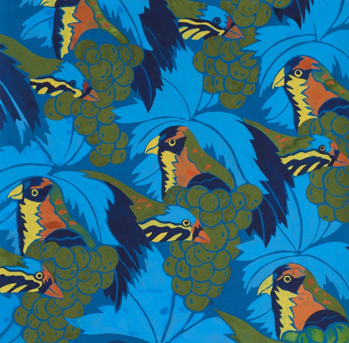 Gouache auf Papier mit grafisch angeordneten Vögeln als Motiv