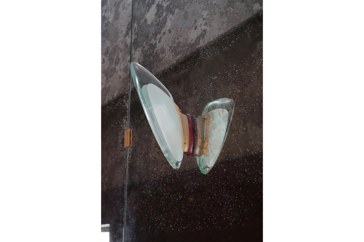A curved door handle in white on a glass door.