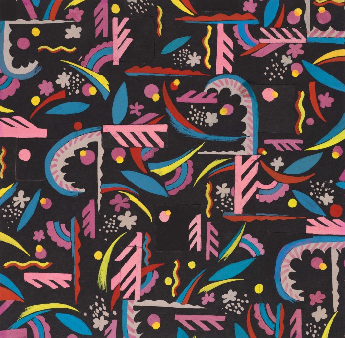 Gouache auf Papier mit grafischem Muster in bunten Farben