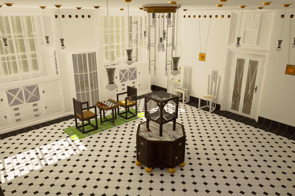 Virtual Reality Visualisierung des Verkaufsraumes der Wiener Werkstätte, weiße Flügeltüren, schwarz-weißer gefliester Boden.