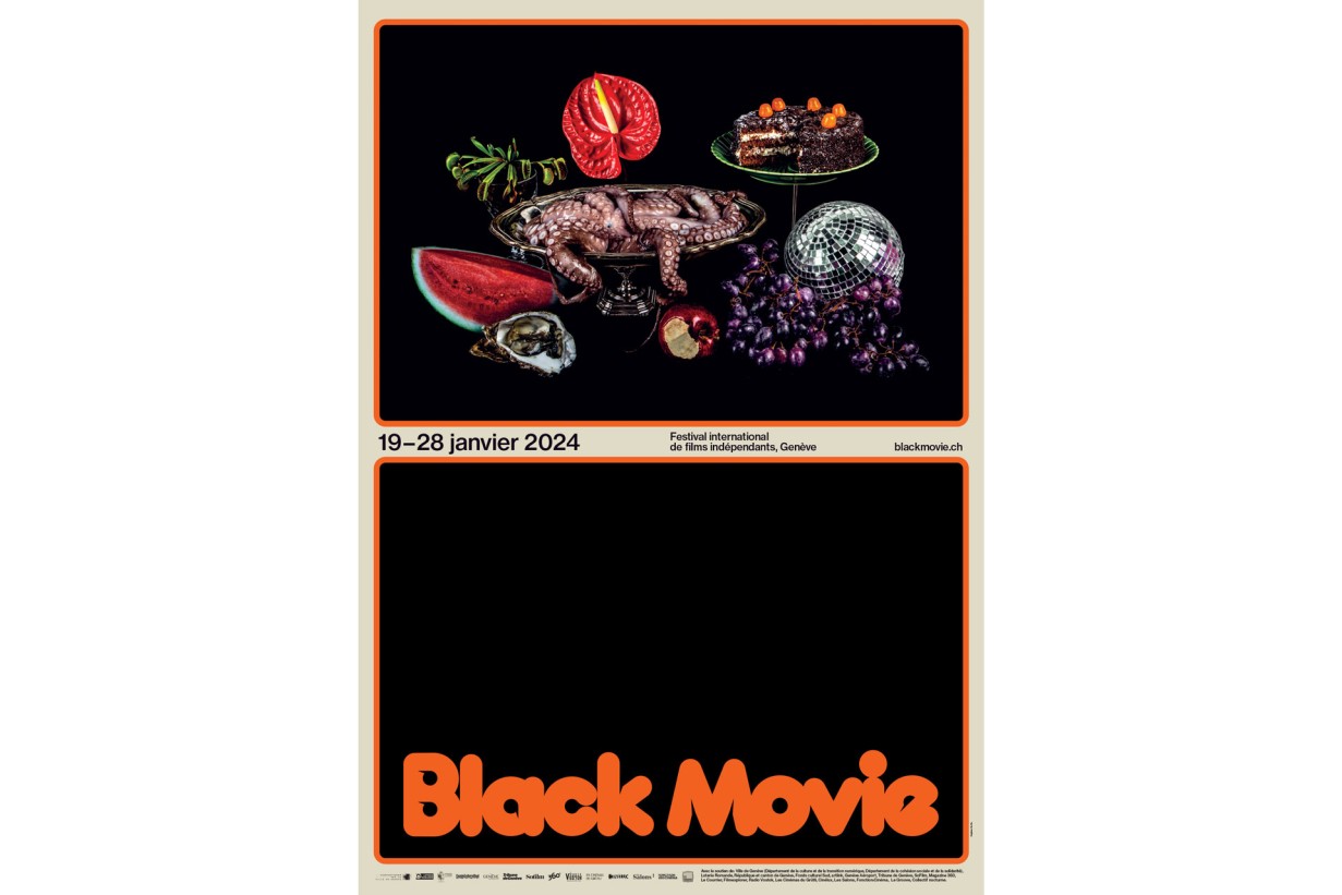 Two-part poster: still life photograph at the top, “Black Movie” lettering at the bottom