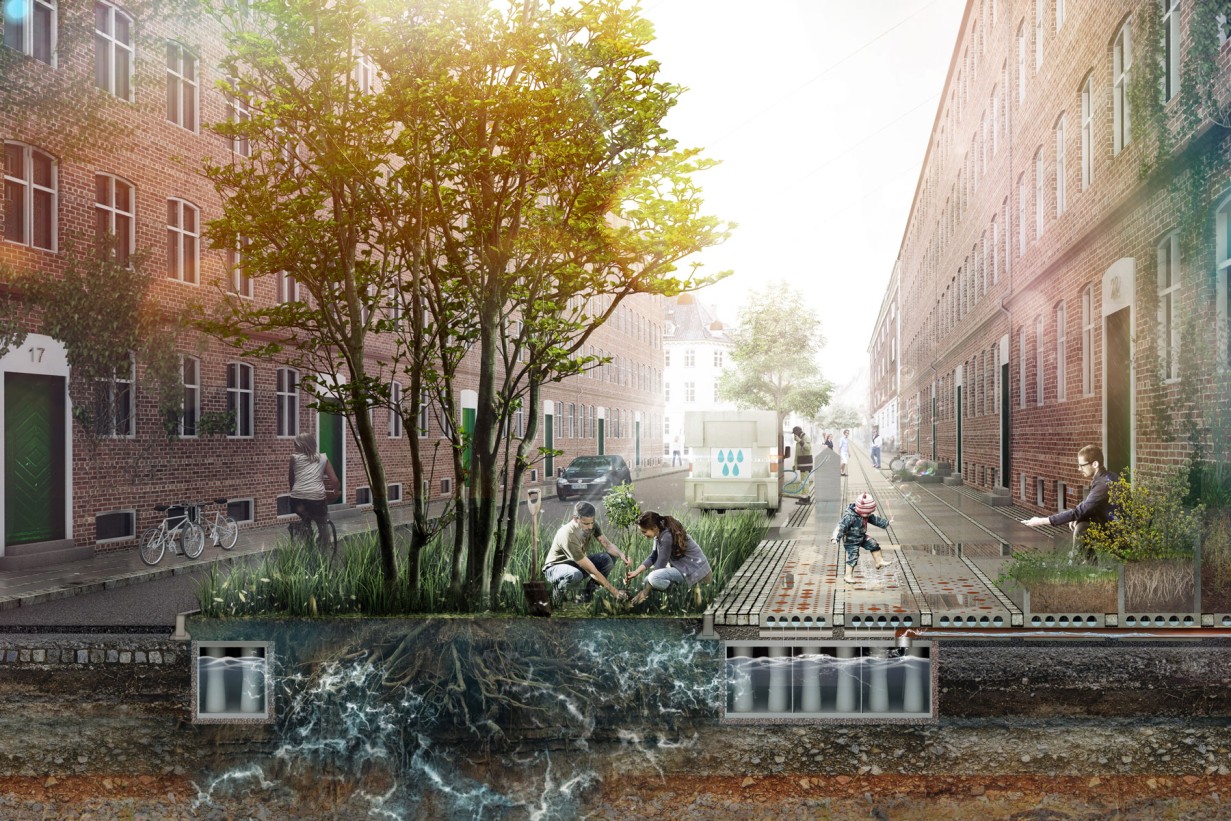 Rendering einer urbanen Szene mit Pflanzen