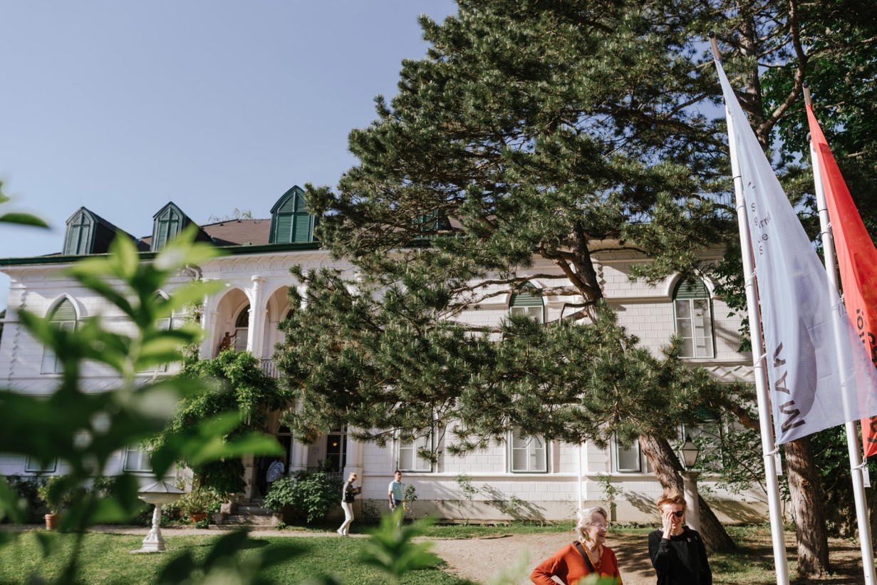 Fahnen, im Hintergrund ein Biedermeierschlössel