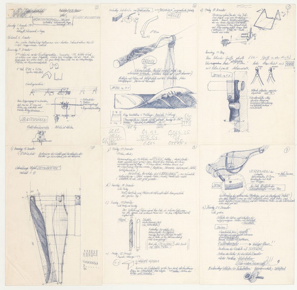<BODY>Missing Link, Teil des Arbeitsprotokolls „Bauhof Spiluttini“, 1971/72 6 montierte Einzelblatt, Kugelschreiber auf Papier KI-23091-4-1 © MAK</BODY>