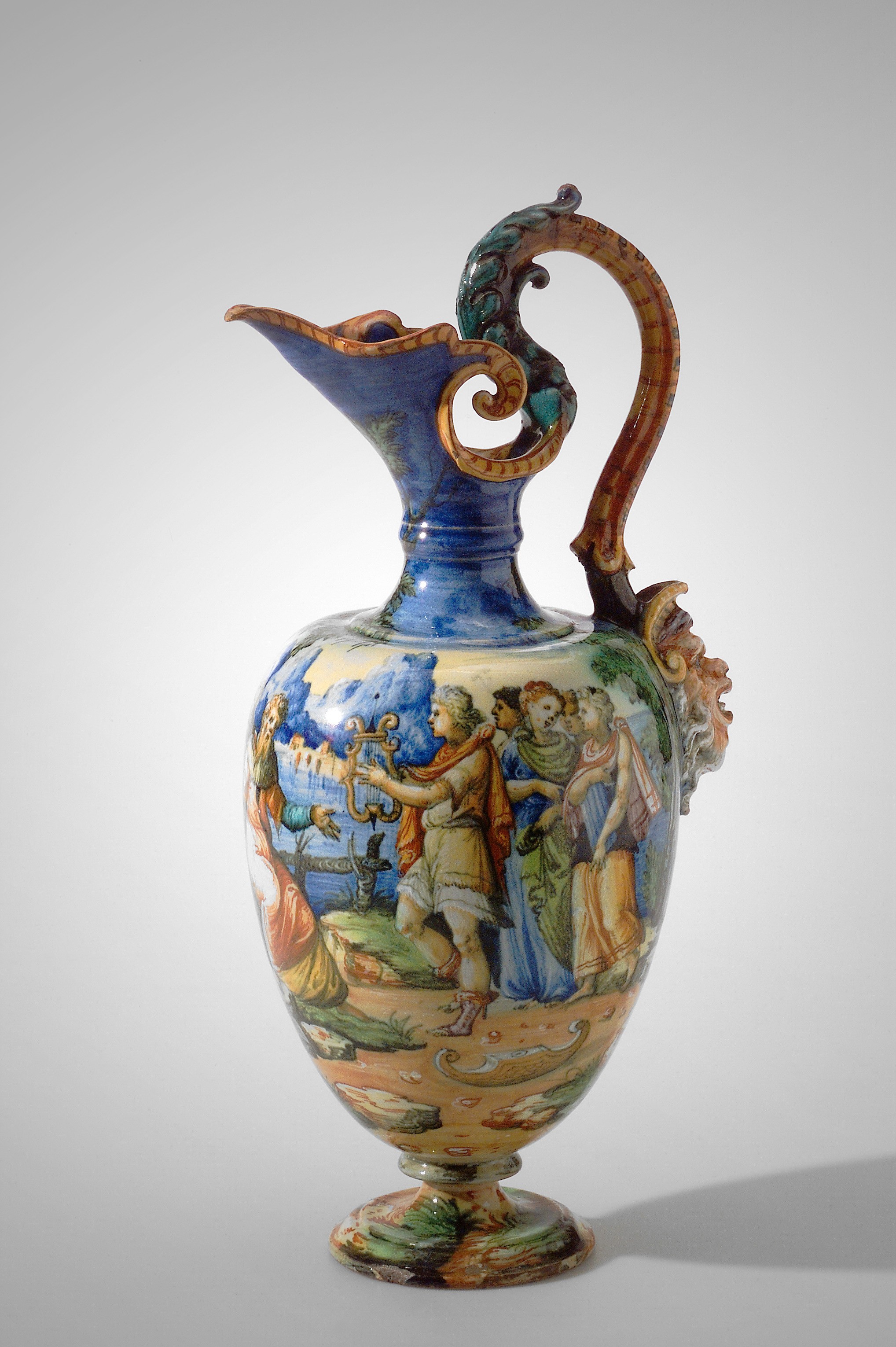 <BODY>MAJOLICA PITCHER with Grotesque Handle</BODY>