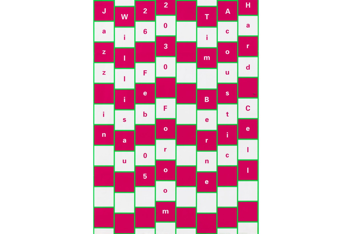 Grafisches Plakat mit roten und weißen Quadraten