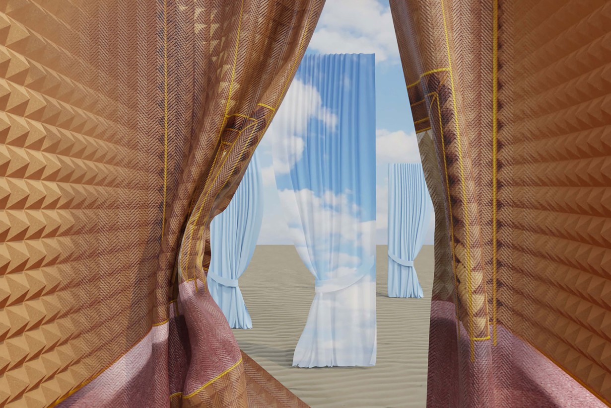 Rendering, Vorhänge auf der linken und rechten Seite, dahinter kommen Fenster in der Wüste zum Vorschein