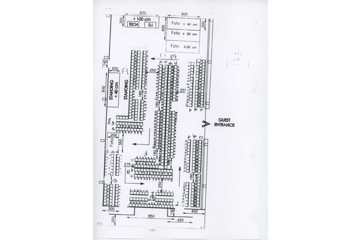 Black-and-white copy of a black-and-white copy of a seating chart for Helmut Lang show