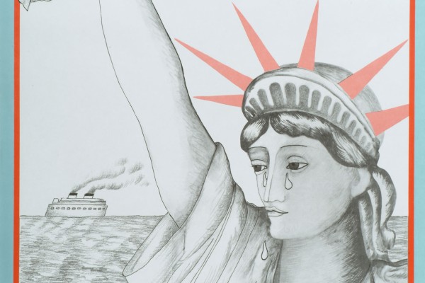 Poster with graphic, on it is a waving and crying Statue of Liberty