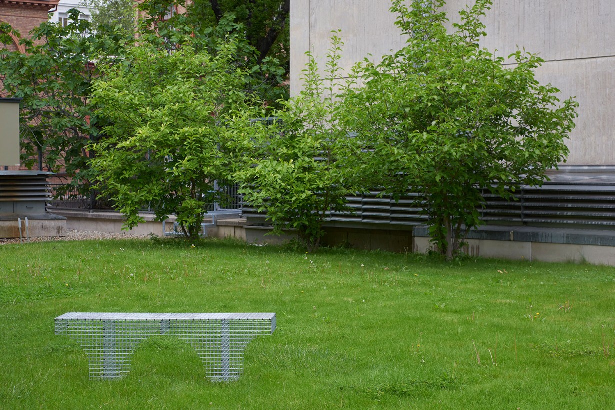A green meadow with a bench made of lattice. 