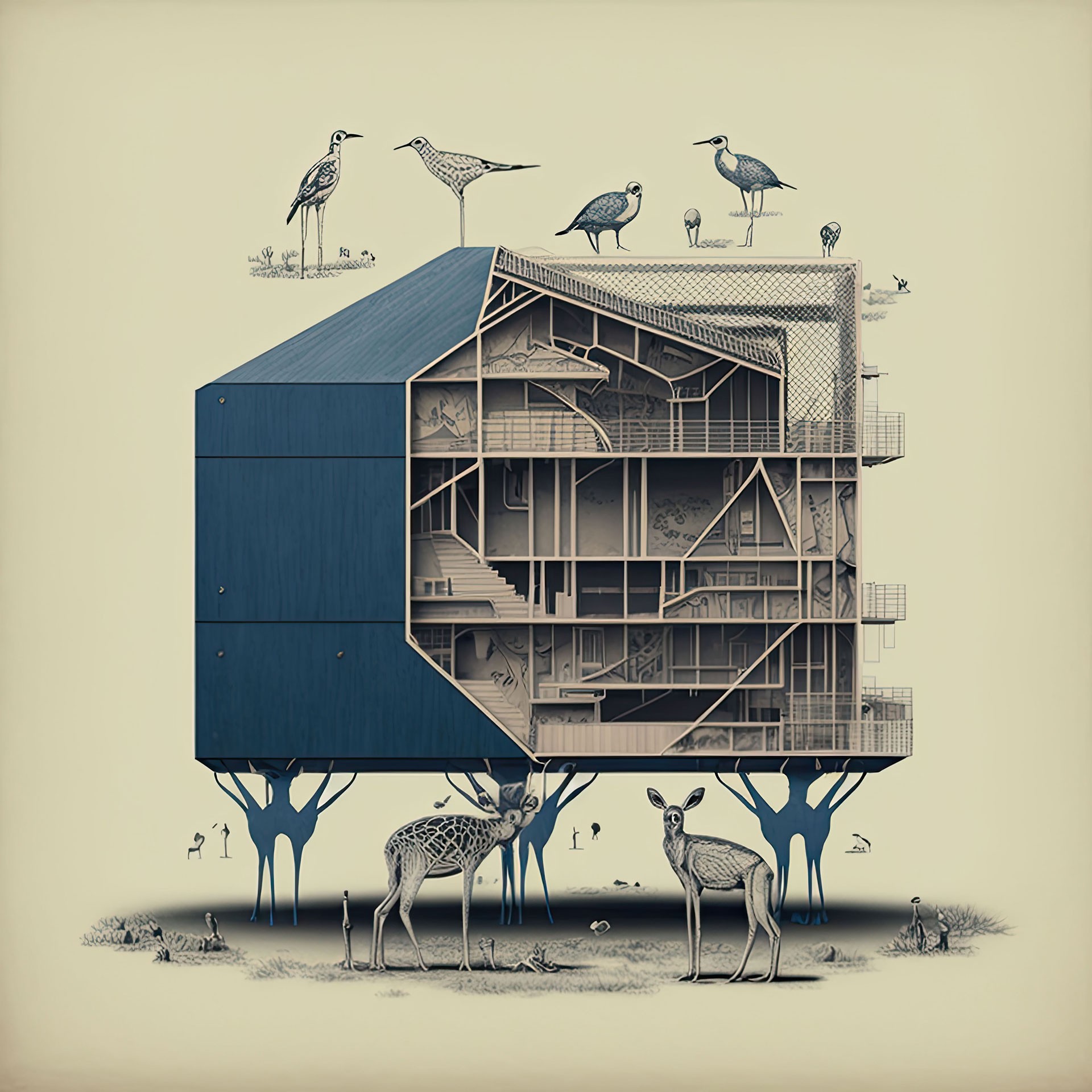House in longitudinal section, carried by deer under the house, on the roof are birds