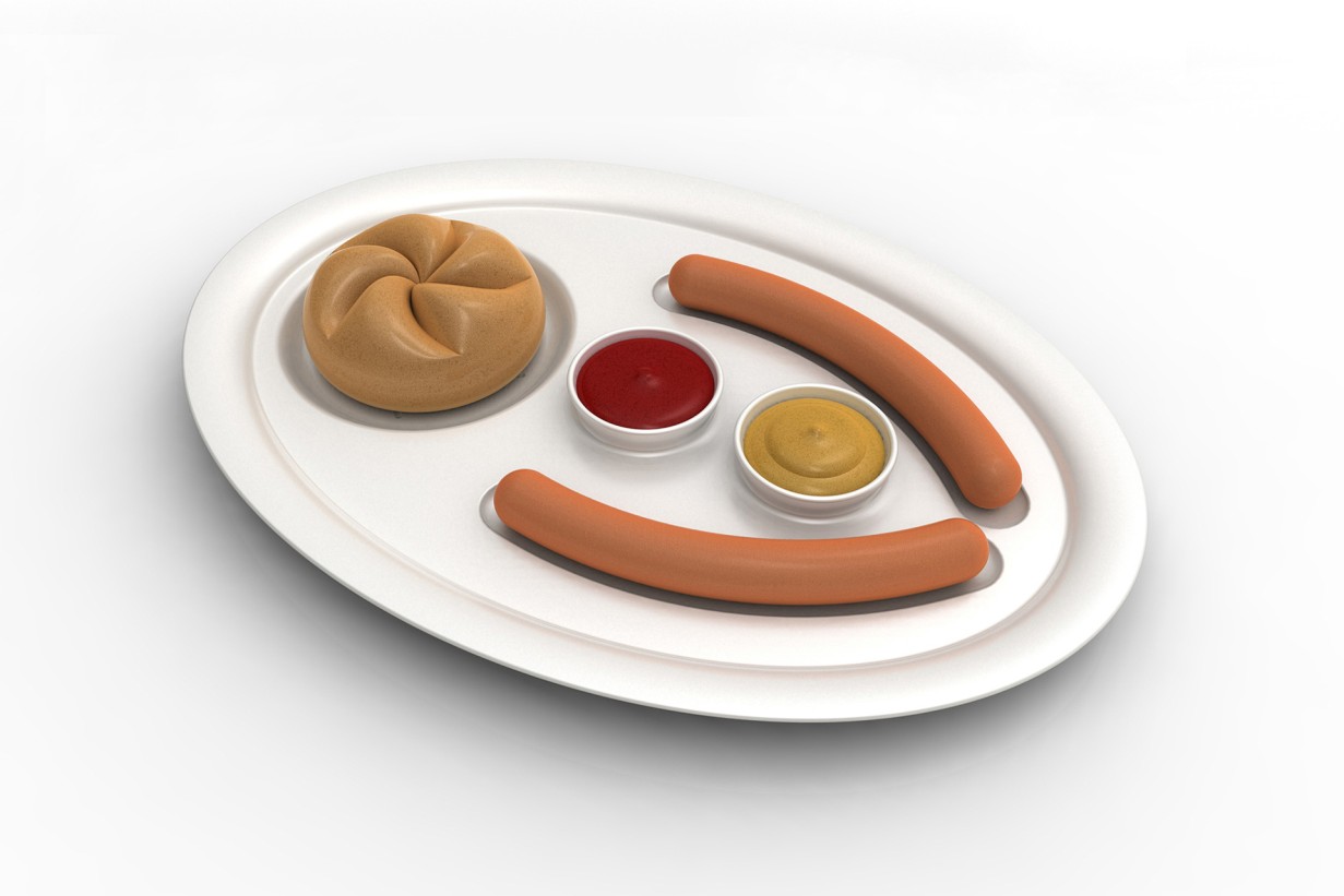 Ein Teller mit Würstchen, Semmel, Ketchup und Senf