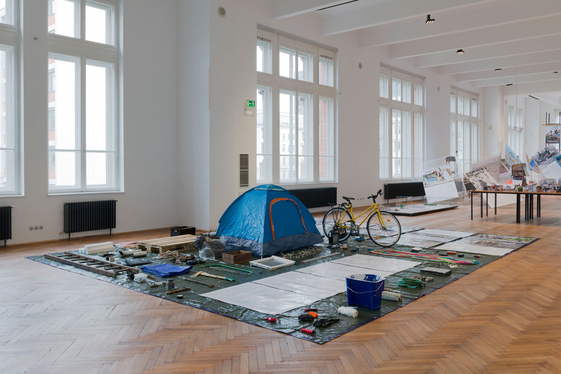 Exhibition room with objects from a protest camp