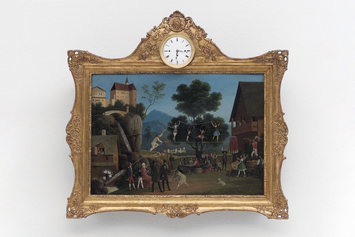Bild mit integrierter Uhr, Bild: Jahrmarktszene mit beweglichen Seiltänzer*innen