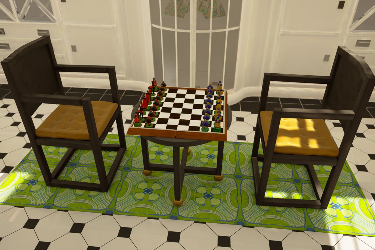 Virtual Reality Visualisierung des Verkaufsraumes der Wiener Werkstätte, weiße Flügeltüren, schwarz-weißer gefliester Boden. 