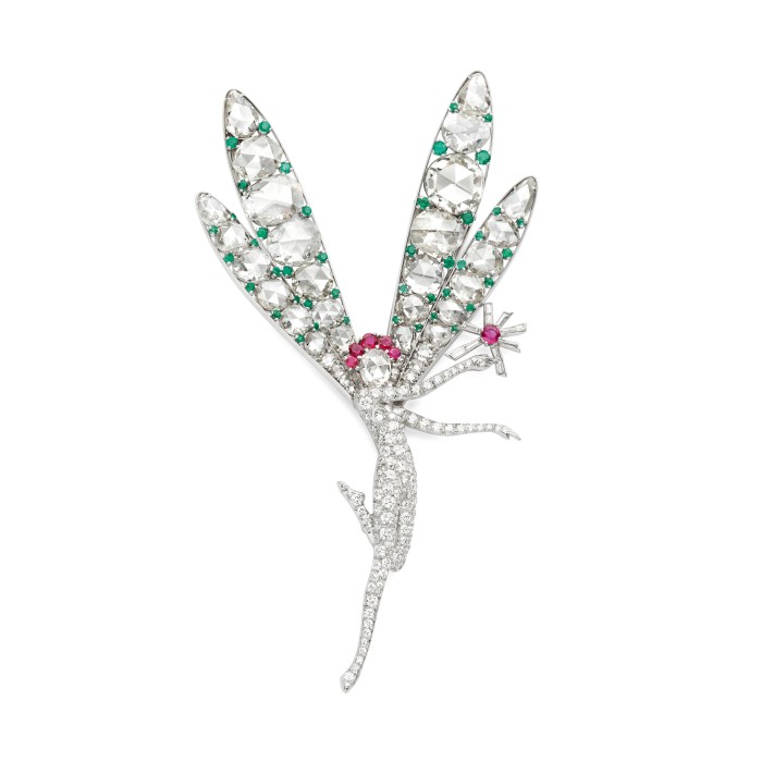 Little Winged Fairy Clip aus Platin, Gold, Smaragde, Rubine, Diamante