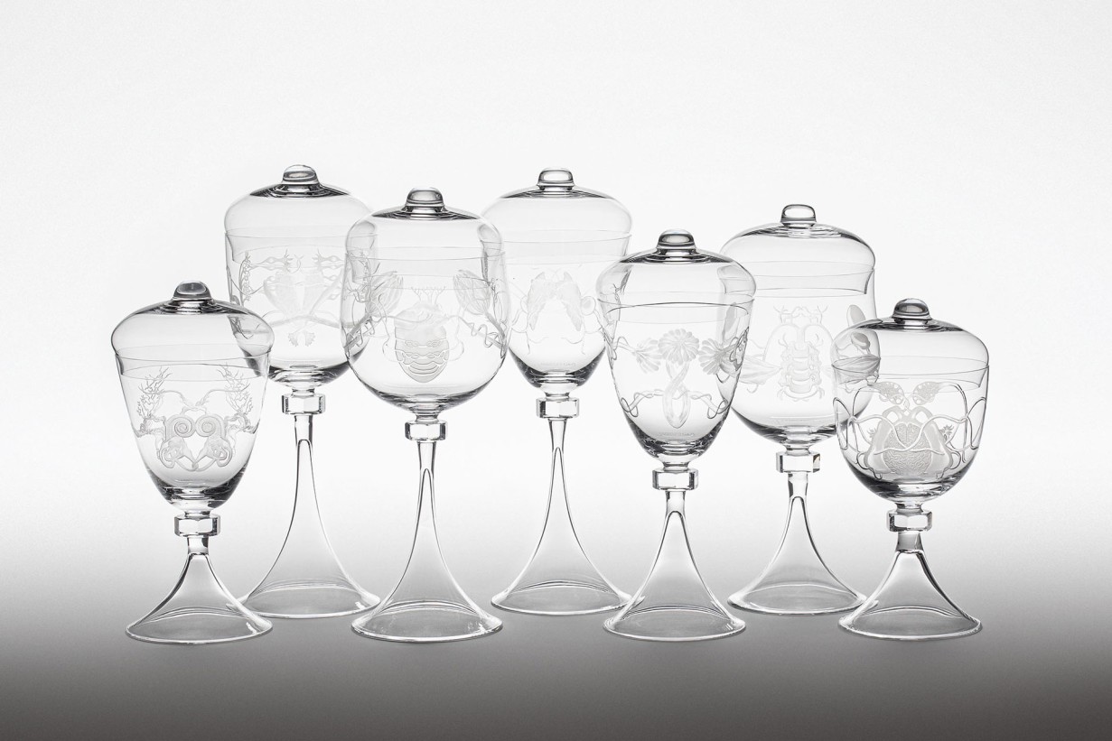 Seven Goblets made of glass side by side