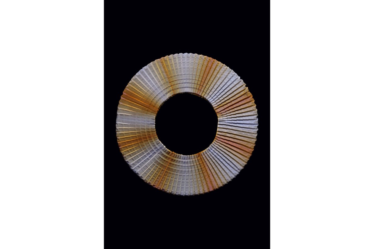 Fabric, pleated, stitched; metal hoop