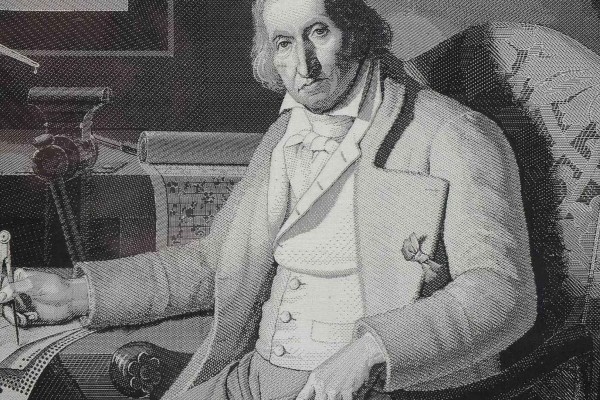 Detail eines in Seide gewebten Porträts Joseph-Marie Jacquards
