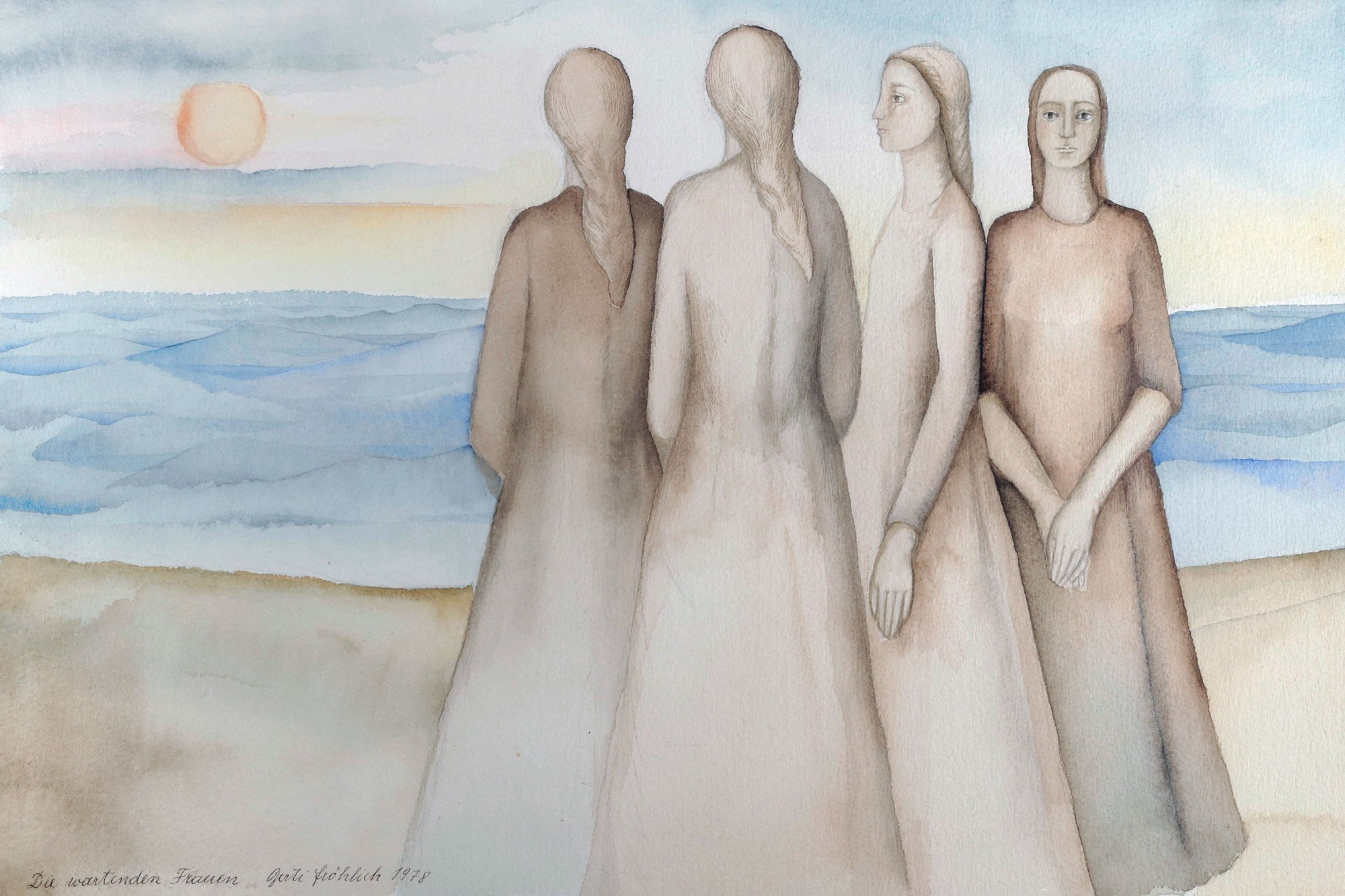 Watercolor with four women, in the background the sea or a lake