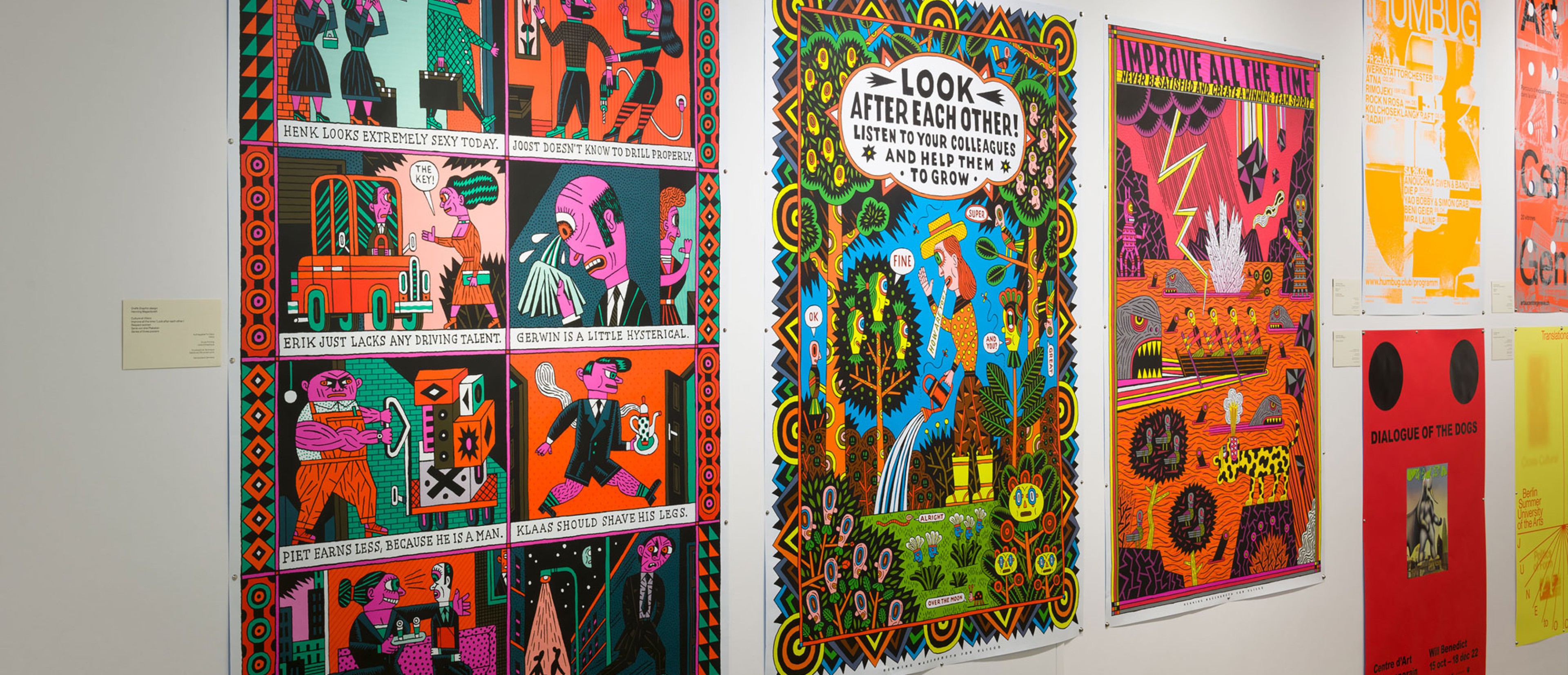 Exhibition Space with colorful posters on the wall 