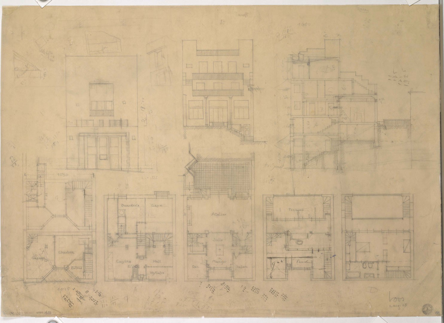 <BODY><div>Adolf Loos, House for Tristan Tzara, Paris XVIII, Avenue Junot 15, France, floor plan submitted for review, 1st version, planned in 1925, built in 1926 </div><div>Tracing paper, pencil </div><div>© ALBERTINA, Vienna</div><div> </div></BODY>