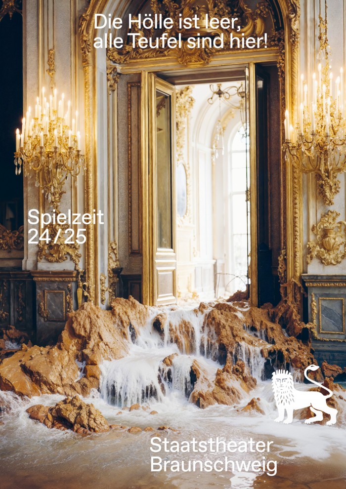 Poster mit Foto eines imperialen Festsaals und Gebirgslandschaft im Raum