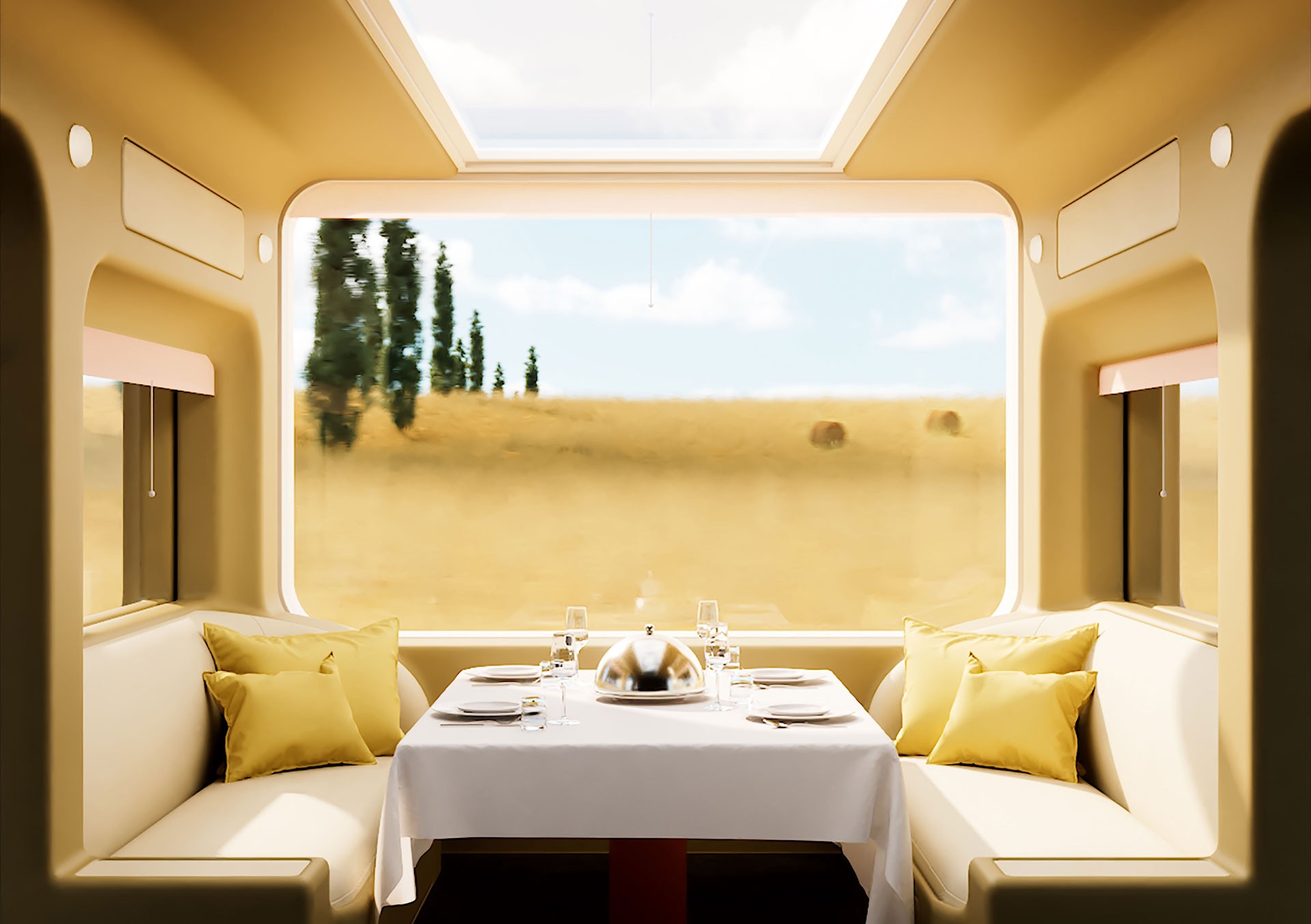Rendering of a train compartment, a table set.