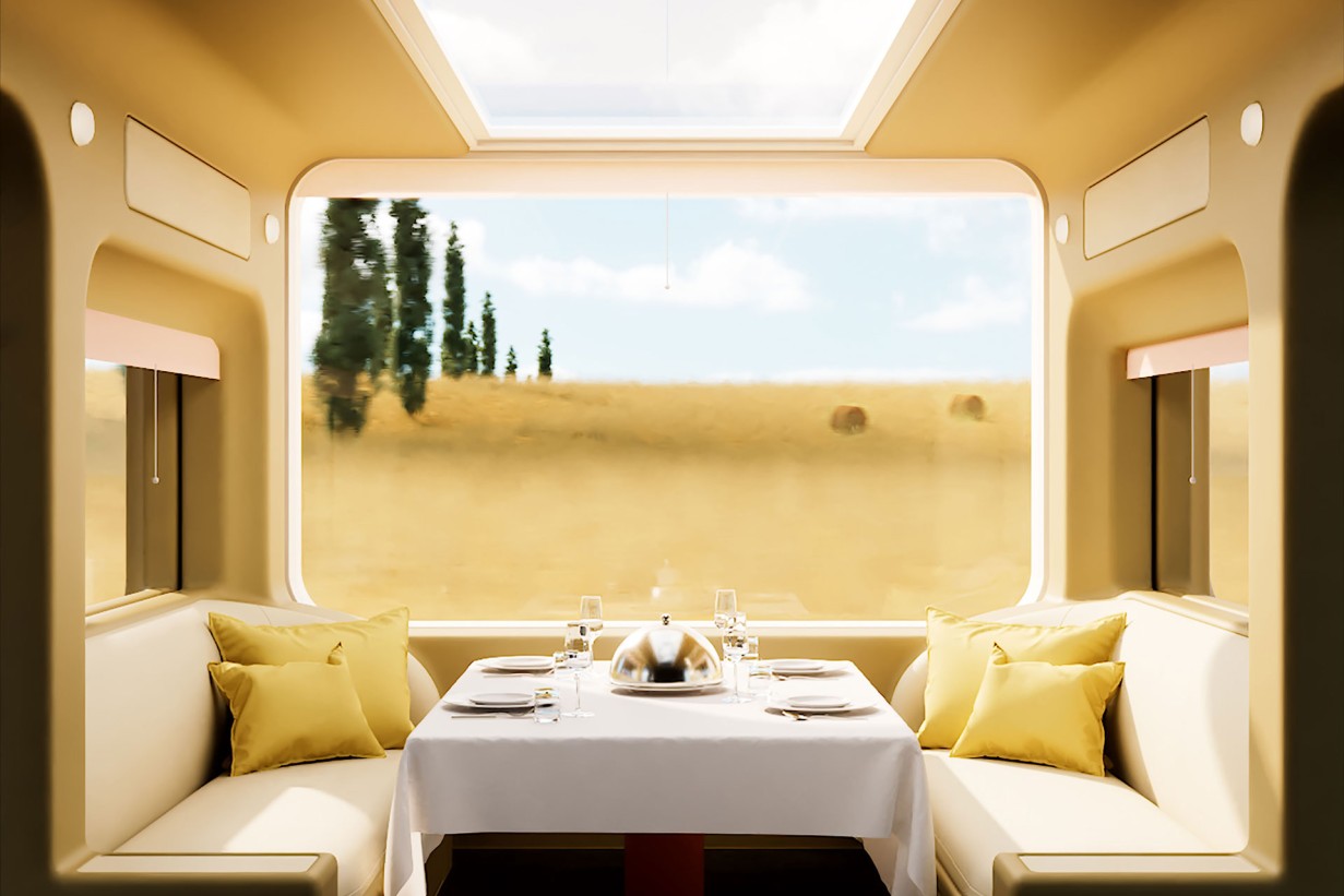 Rendering of a train compartment, a table set.