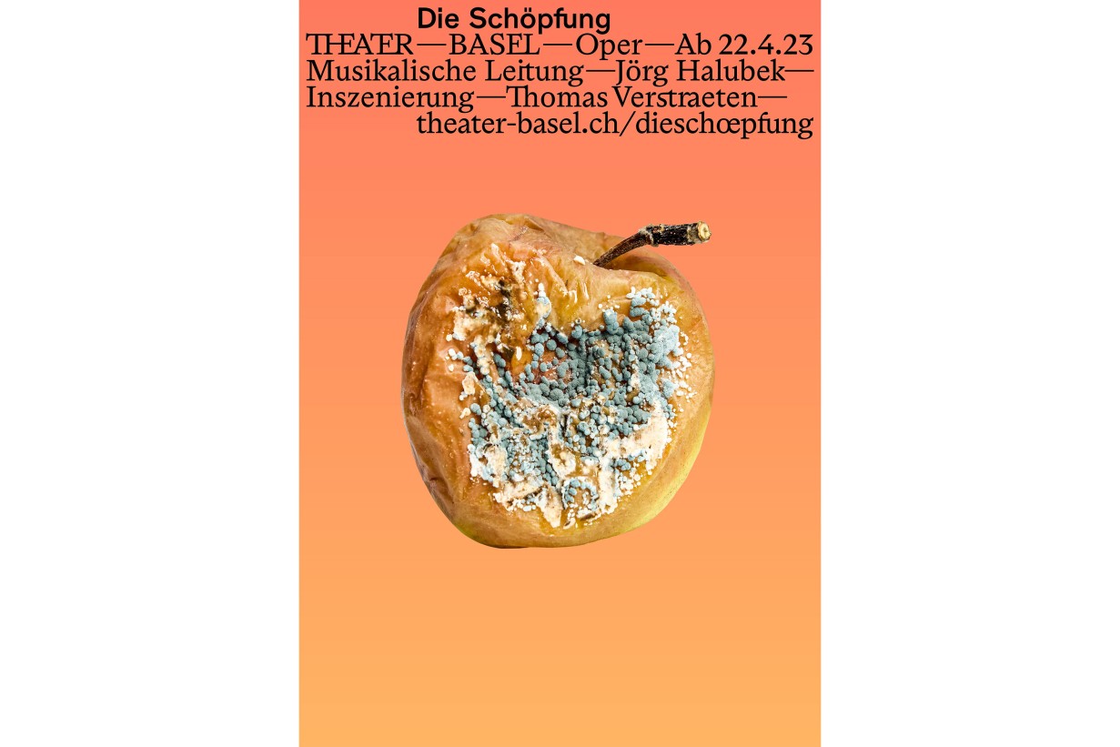 Poster showing a rotten apple on a pink background 