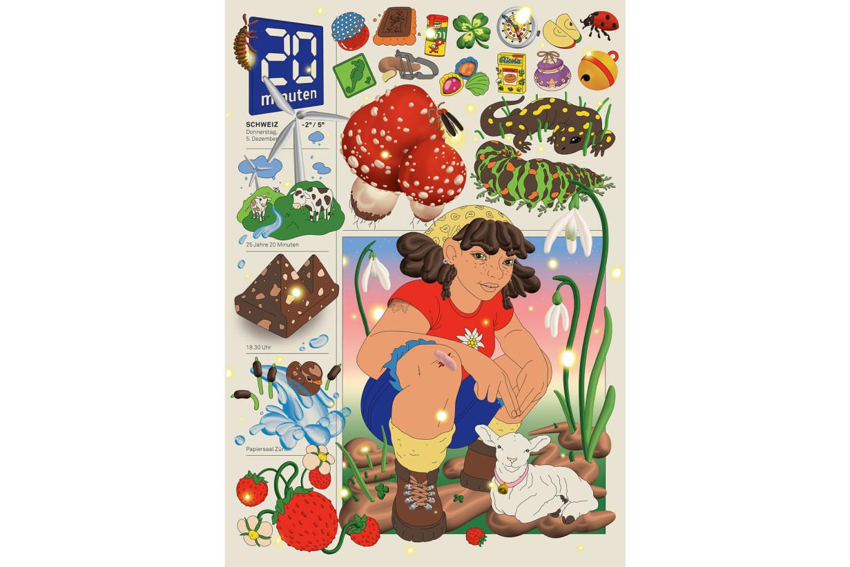 Posters with graphic elements representing Switzerland: hiker, Toblerone, Ricola, 20 Minuten