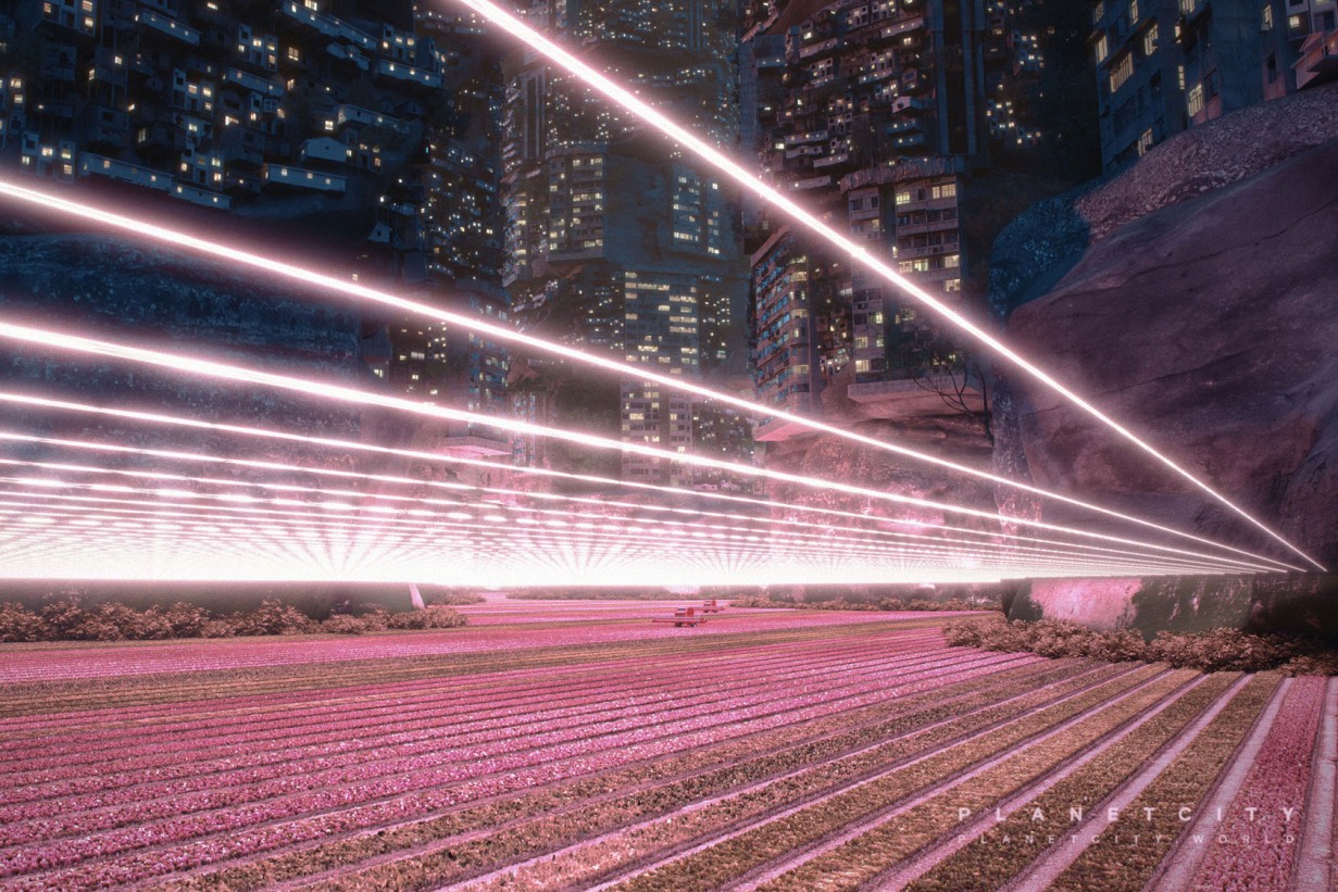 Film still with a field in pink, on it drive agricultural vehicles 