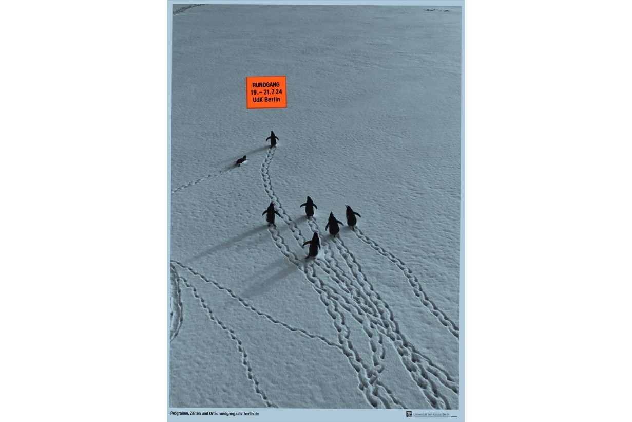 Poster with drone footage of penguins leaving tracks in the snow