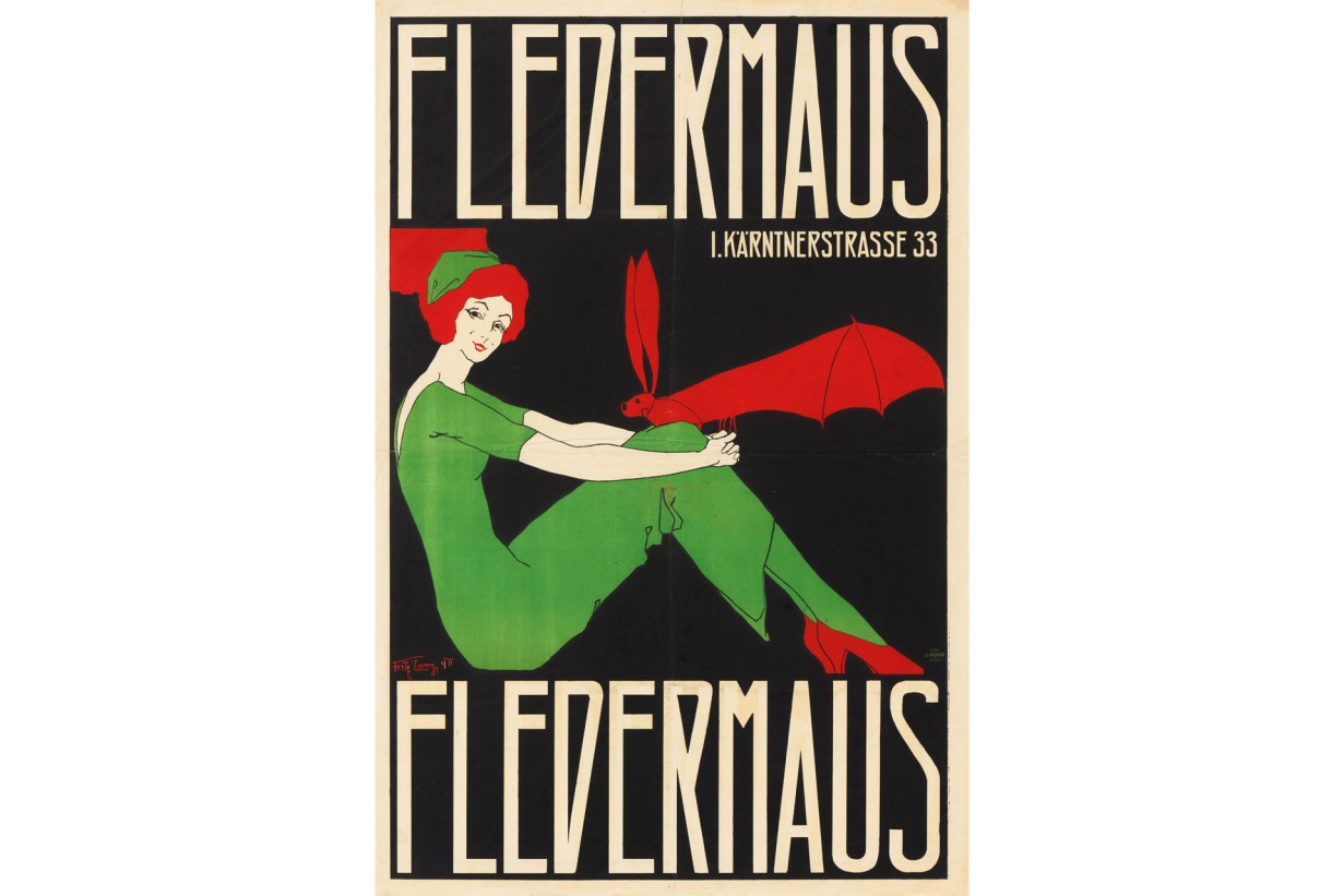 Plakat für das Lokal Fledermaus mit einer Frau in einem grünen Kleid, die elegant posiert und den Betrachter anlächelt. 